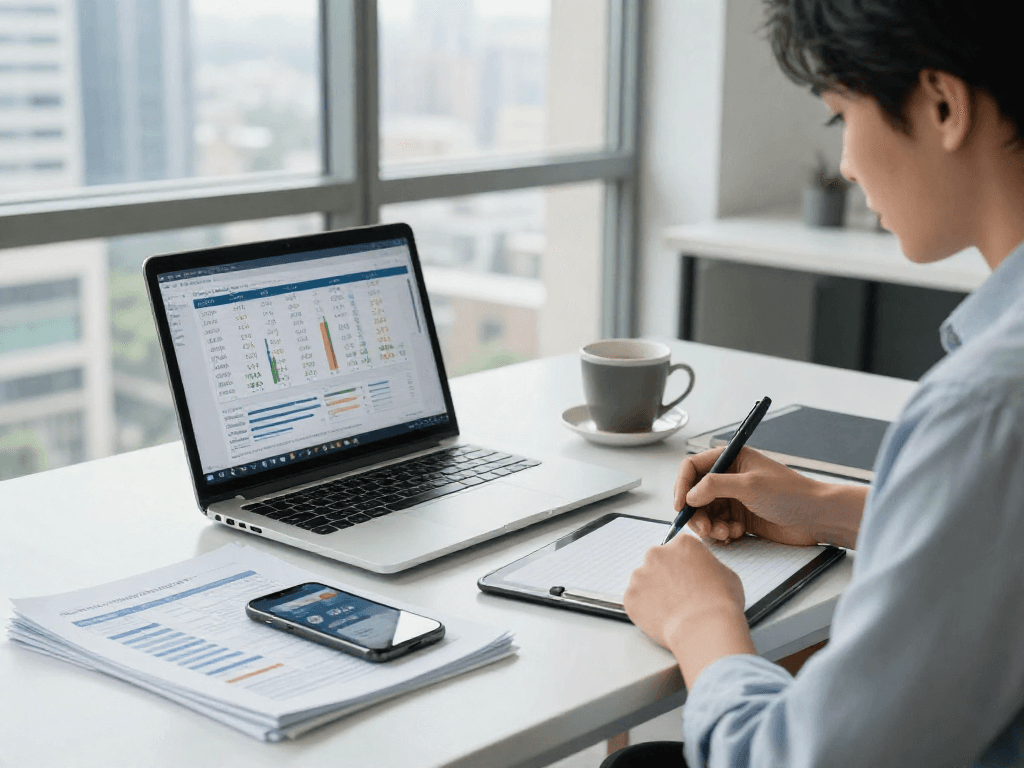 Een financiële expert analyseert de hoogste spaarrente in een moderne kantooromgeving.