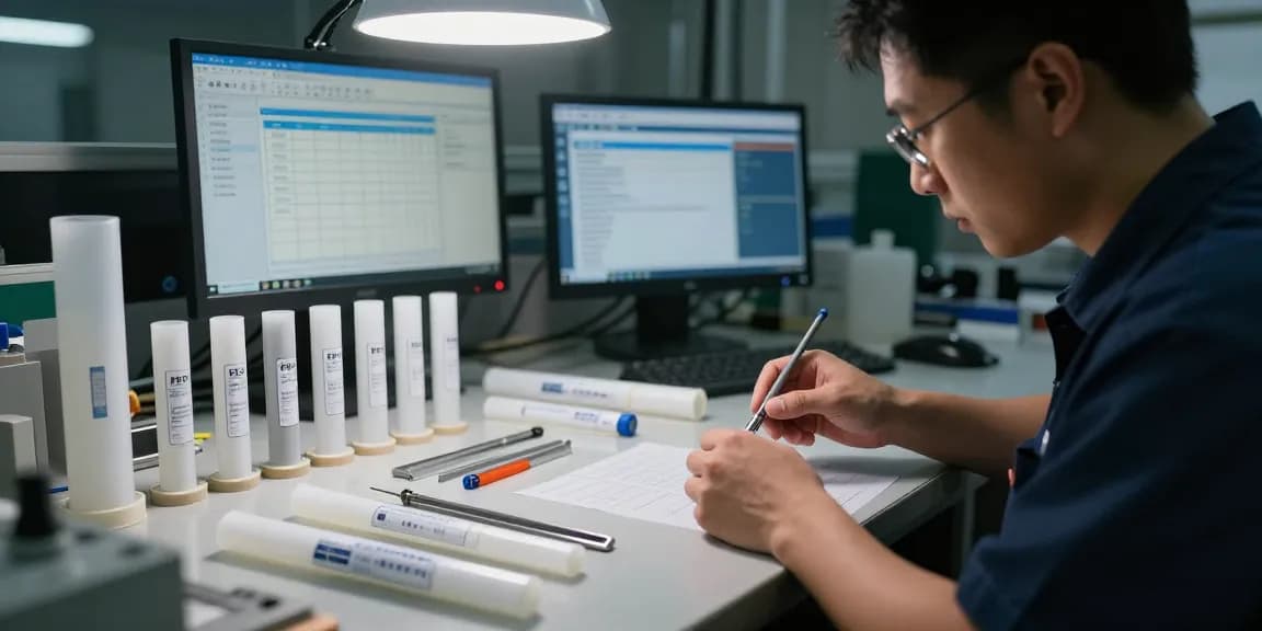 Technicus inspecteert FEP-slangen in de FEP slangwinkel voor kwaliteitscontrole.