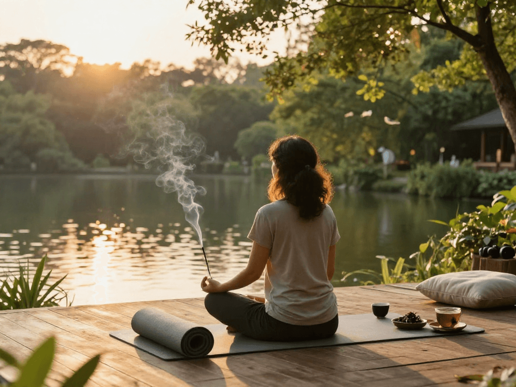 Welkruvozan meditatie in serene sp retreat met gouden uurlicht