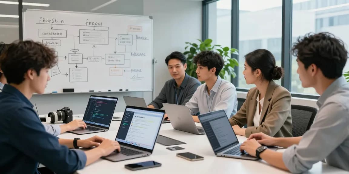 Team collaborating to build internal tools with AI in a modern office setting.