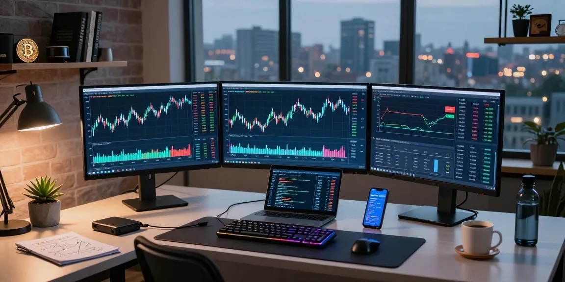 Récupération de fraude numérique avec analyse blockchain dans un bureau moderne affichant des graphiques de trading crypto.
