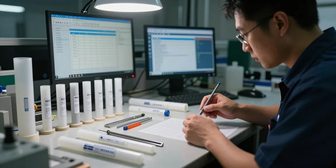 Technicus inspecteert FEP-slangen in de FEP slangwinkel voor kwaliteitscontrole.