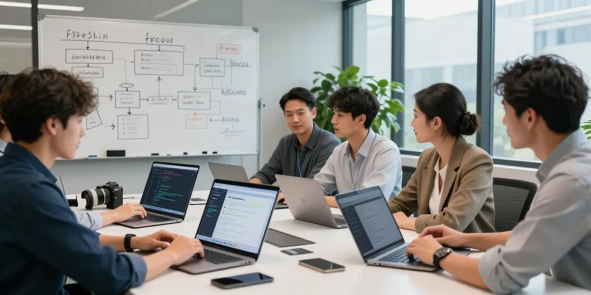 Team collaborating to build internal tools with AI in a modern office setting.