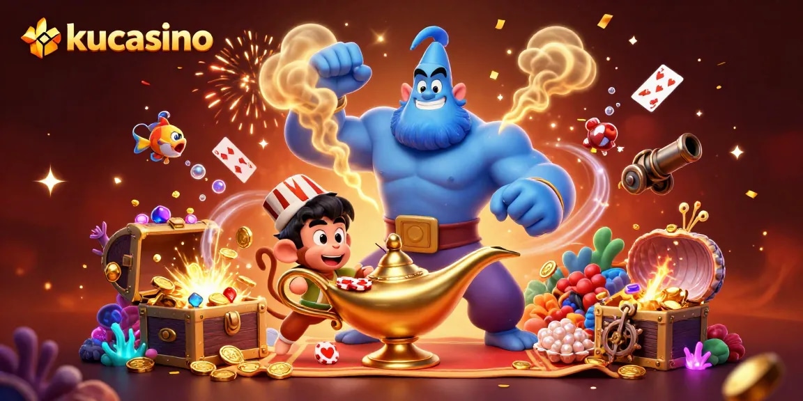 Experience thrilling games at kucasino with a vibrant illustration showcasing casino excitement and magic.