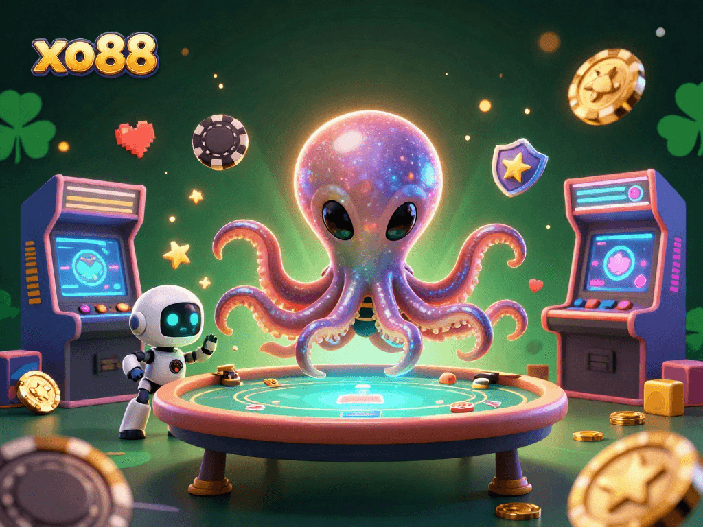 Experience exciting poker action with xo88's alien octopus and robot amidst vibrant casino features.