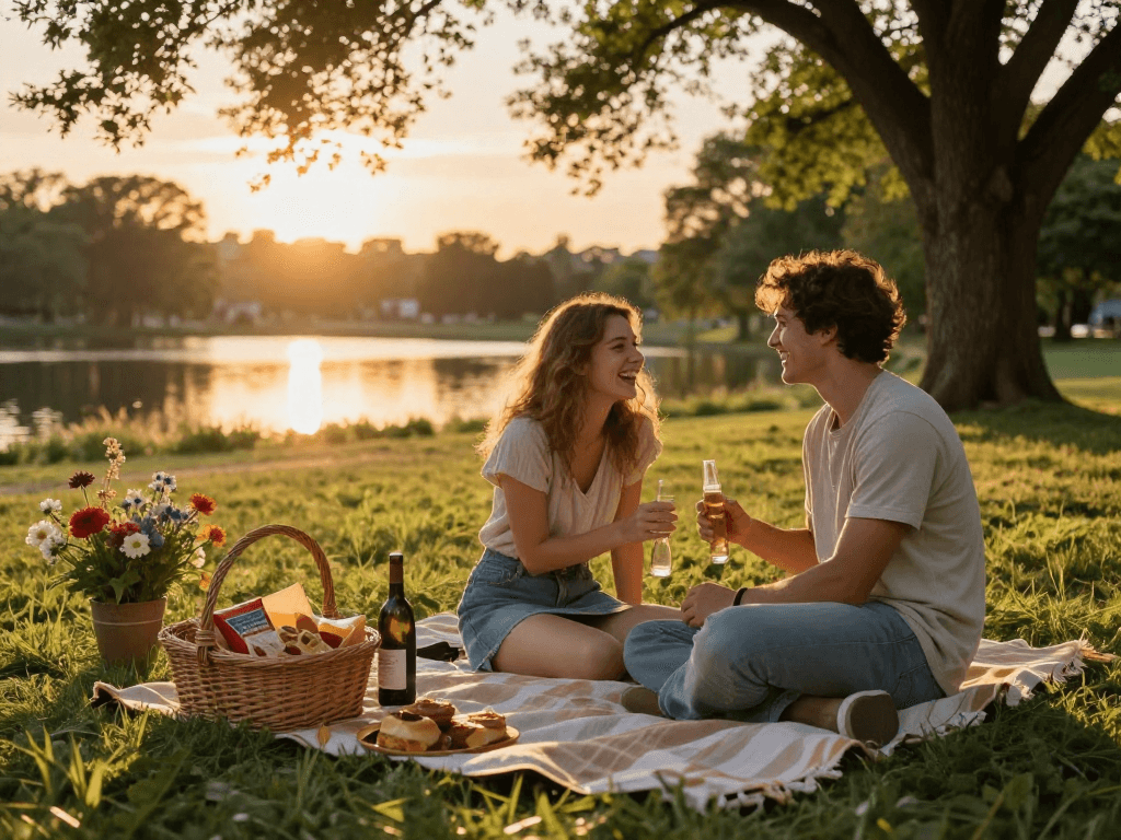 Couple enjoying a romantic picnic during golden hour at a park, showcasing F168 vibe.