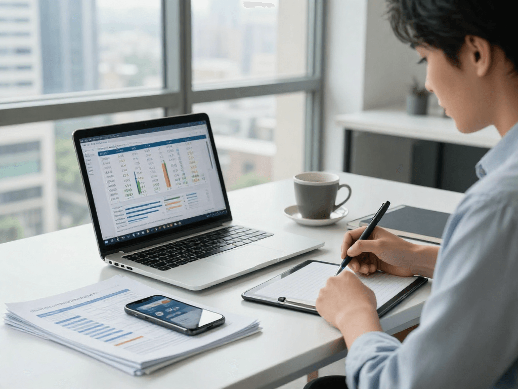 Een financiële expert analyseert de hoogste spaarrente in een moderne kantooromgeving.