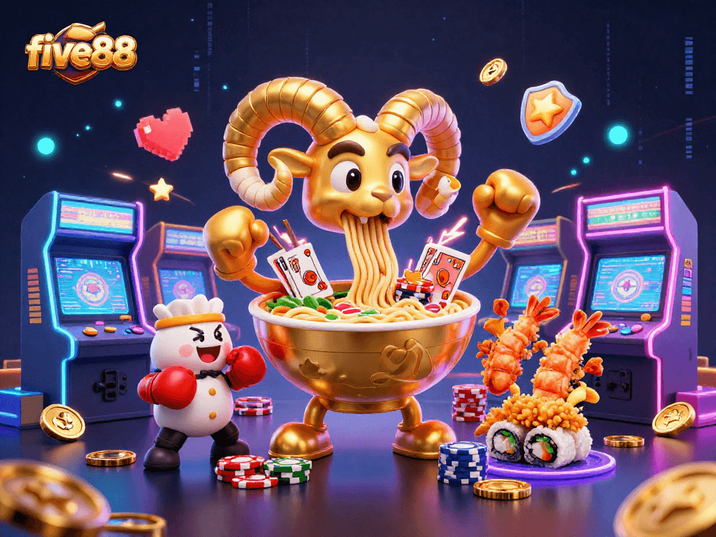 Experience five88's vibrant casino gaming world with a giant ramen bowl dealer and dynamic characters.