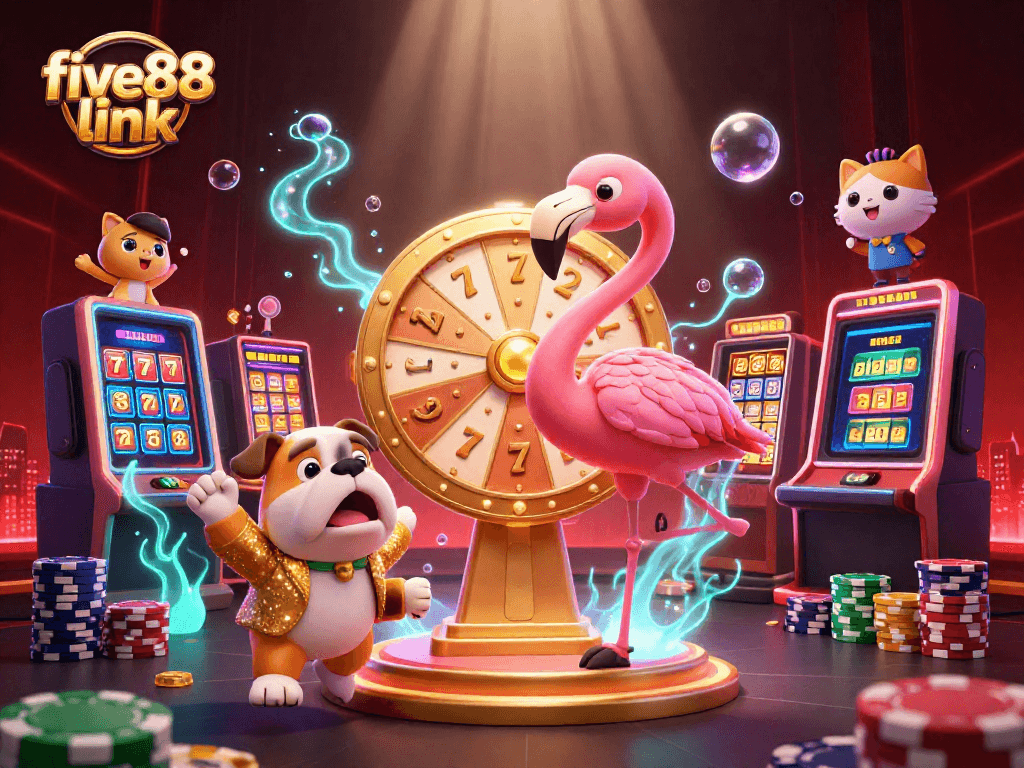 Excited contestants at the five88 link casino, spinning a giant prize wheel with vibrant 3D details.