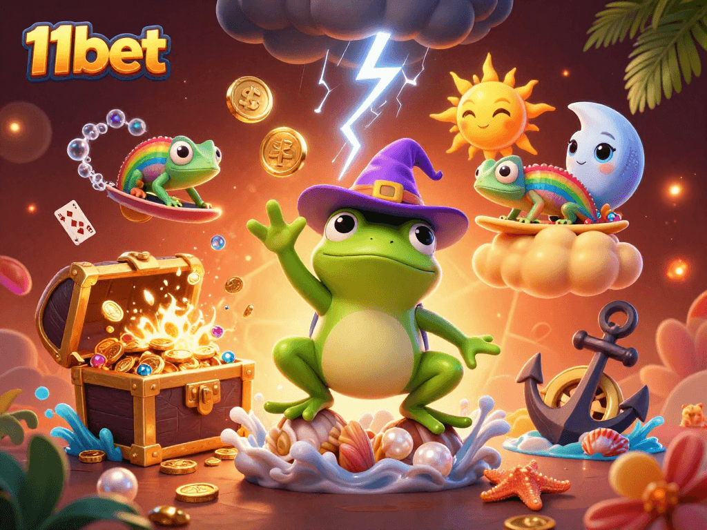 Spin and win with 11bet featured in a vibrant 3D casino illustration depicting a magical scene.