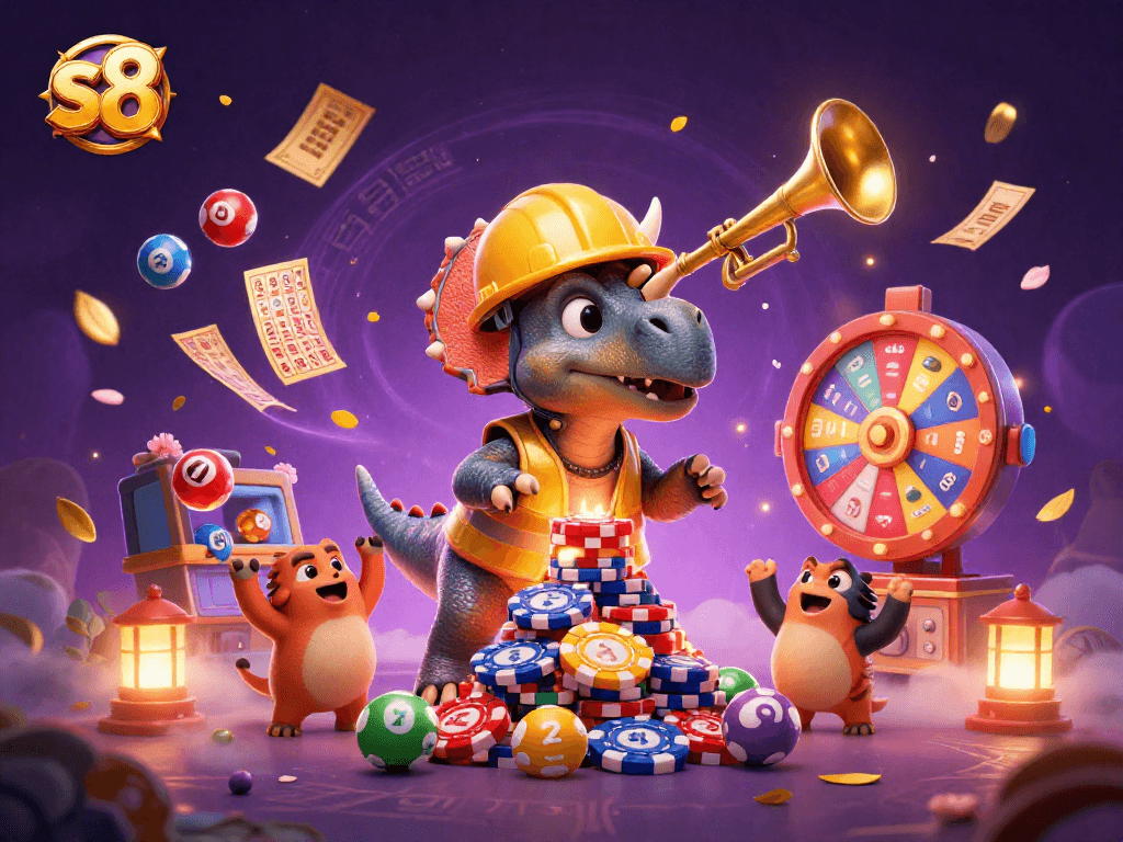 Engage with the thrilling games at S8, featuring 3D cartoon characters celebrating casino wins amidst colorful gaming elements.