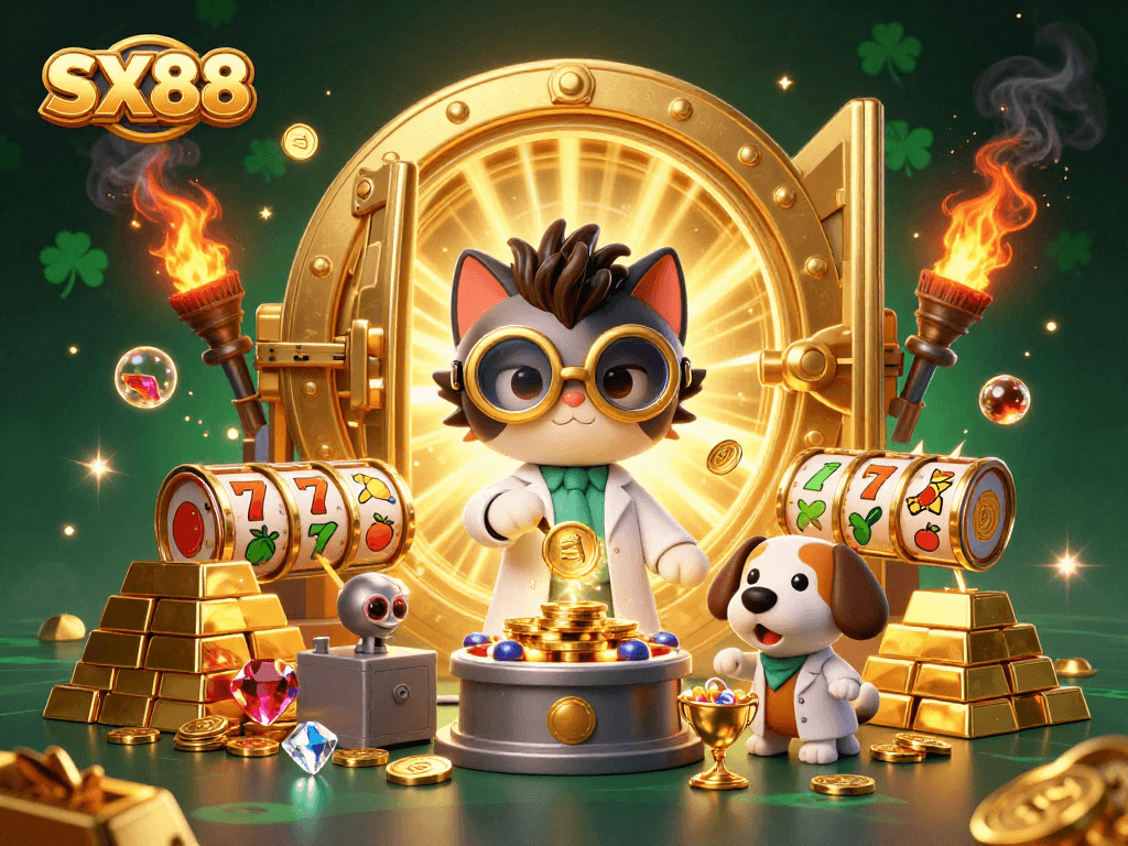 SX88 players spin to win with a lively casino illustration featuring a mad scientist cat and lab assistant.