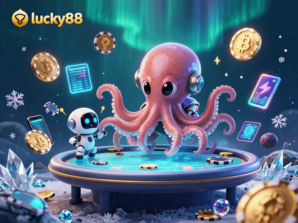 Experience interactive gaming at lucky88 with an alien octopus and crypto-themed scene.