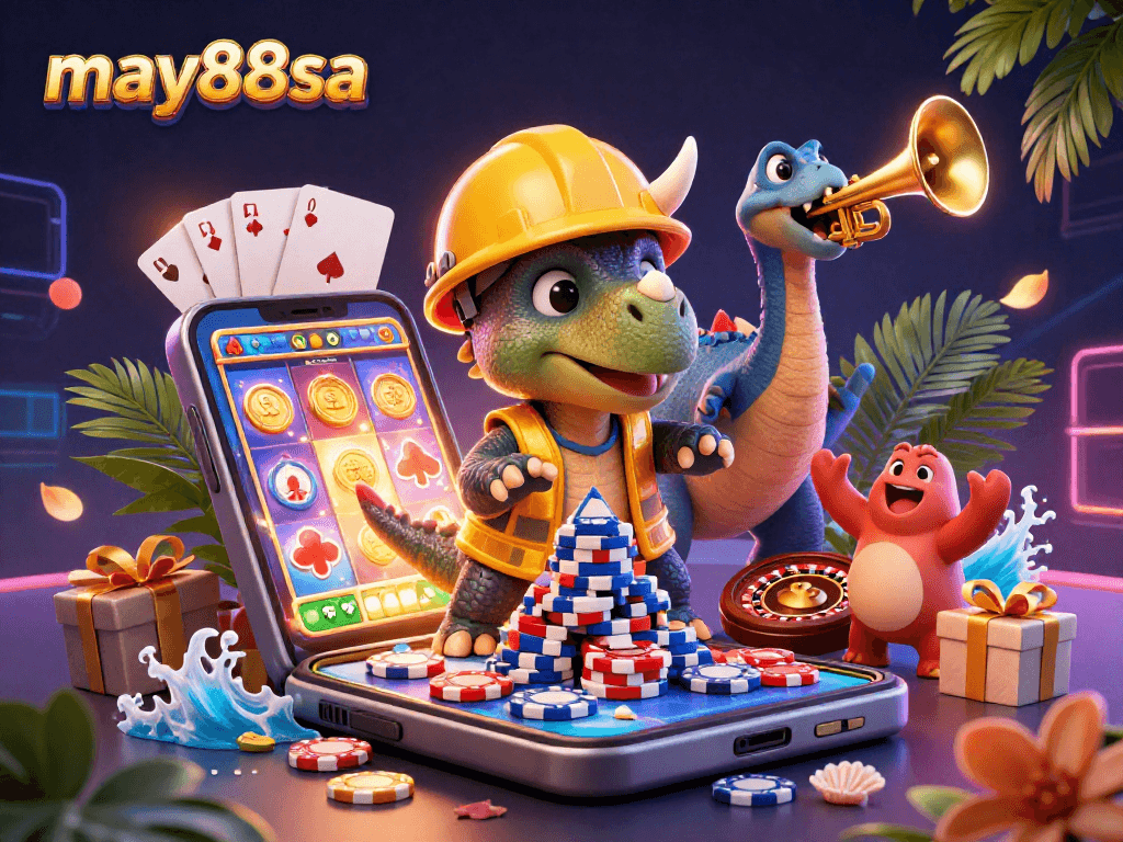 Celebrate winning moments with may88sa in this vibrant 3D casino scene filled with lively characters and dynamic gaming elements.