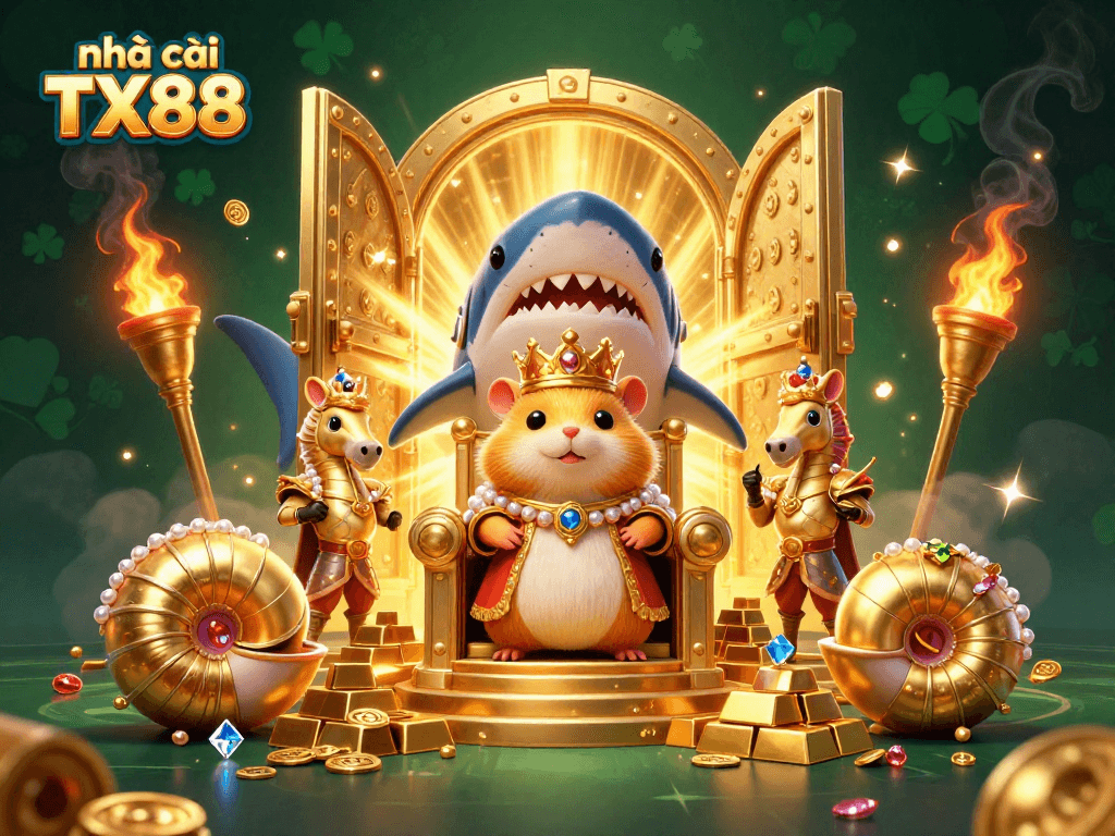 Experience the vibrant action at nhà cái TX88 with a golden hamster king and his royal seahorse guards.