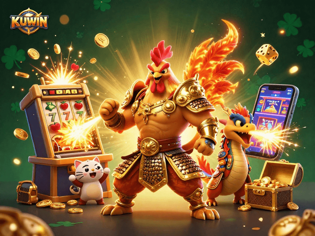 Engage with KUWIN's thrilling casino adventure featuring dynamic slot machines and vibrant characters.