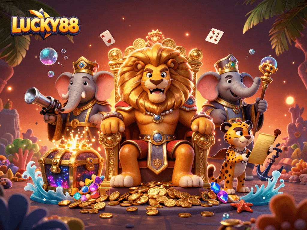 LUCKY88 brings excitement to gamers with a stunning underwater casino scene featuring vibrant characters and treasures.
