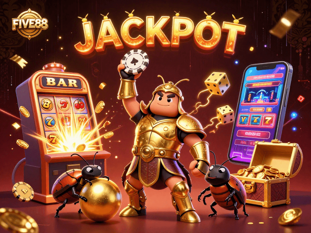 Experience the excitement of FIVE88 with a vibrant casino scene featuring a victorious beetle character and dynamic gaming elements.