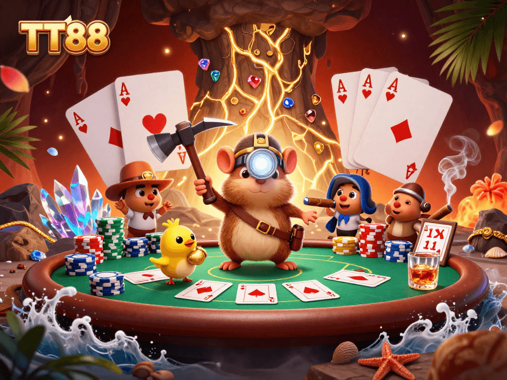 TT88 casino treasure hunting scene featuring vibrant poker elements and dynamic characters.