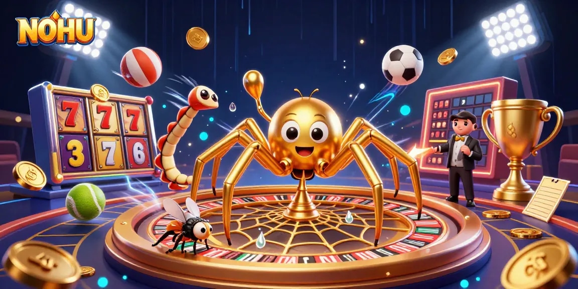 NOHU players spin the roulette wheel in an immersive 3D casino illustration filled with vibrant gambling elements.