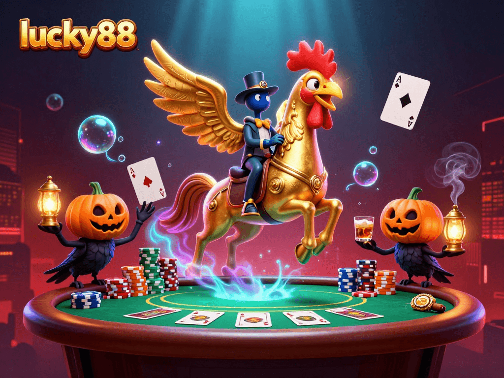 Experience vibrant gaming action at lucky88 with golden rooster and poker elements in a thrilling casino setting.