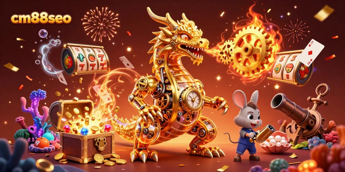 Engage with cm88seo strategies as a golden dragon breathes cogs alongside slot reels in a vibrant casino scene.