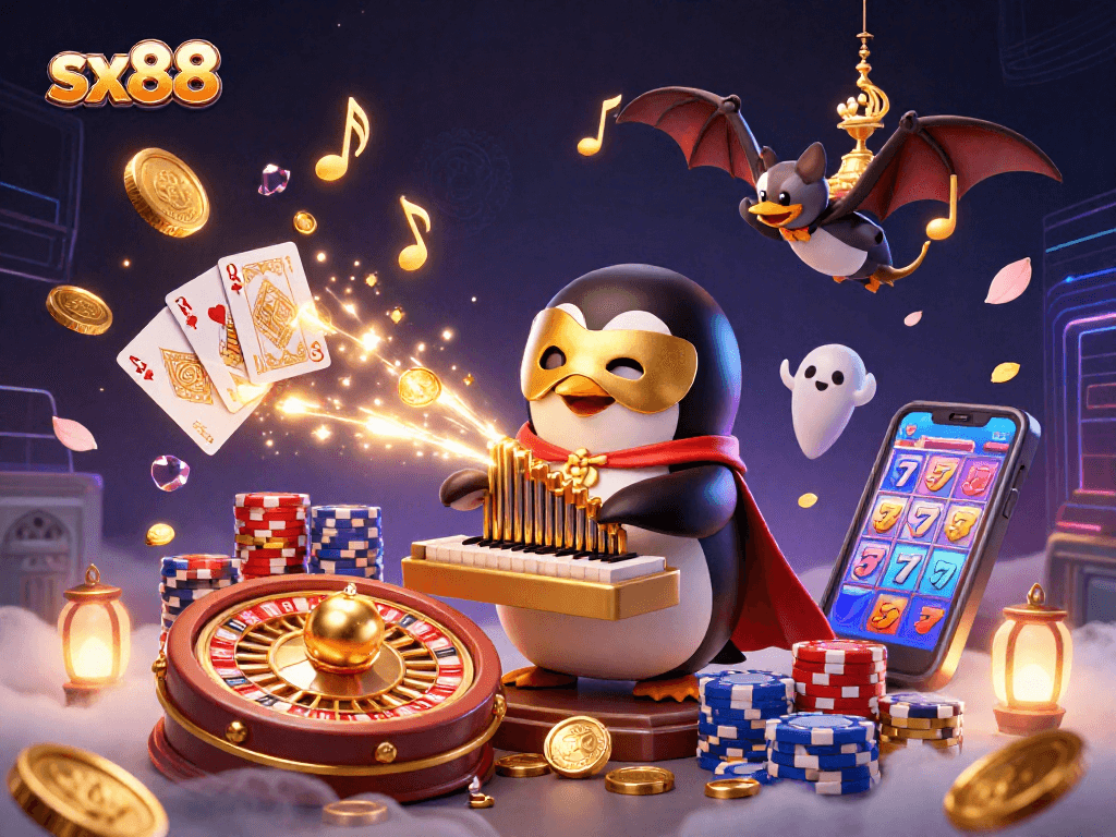Experience winning at sx88 with a phantom penguin playing the organ of fortune amidst spectacular casino elements.