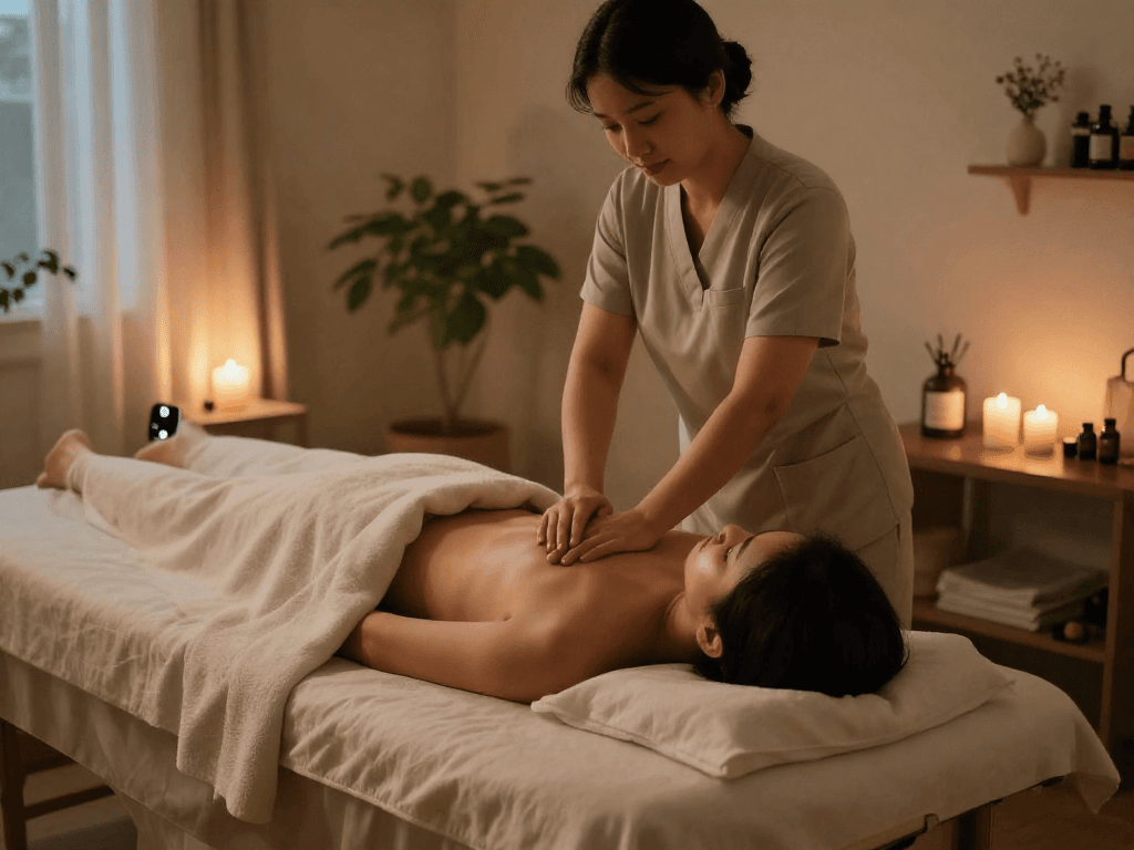 Experience a premium 영등포출장마사지 in a serene home setting, showcasing relaxation and tranquility.
