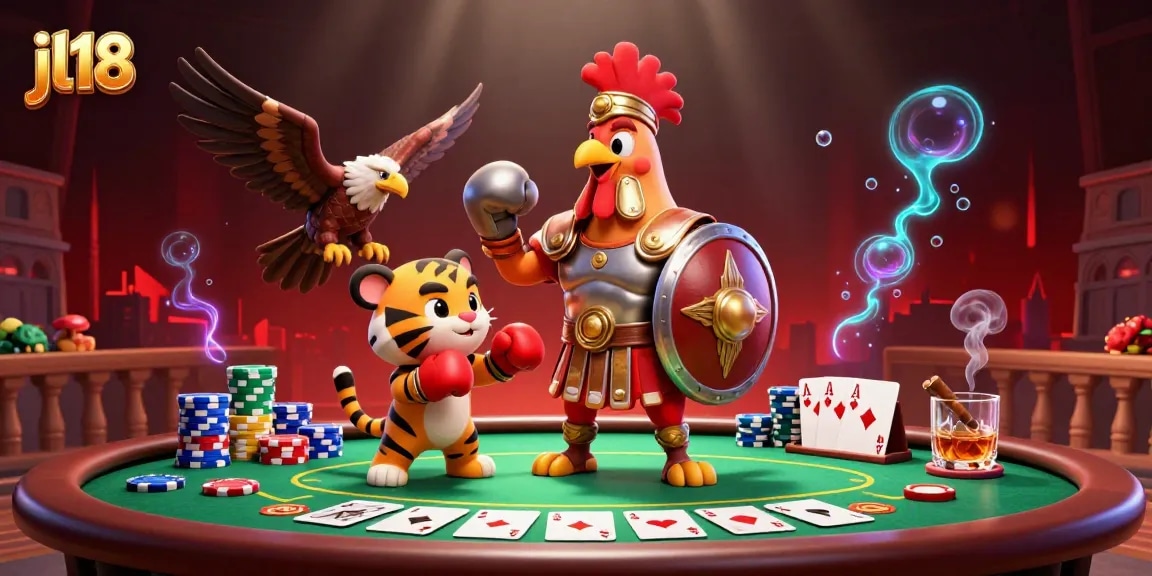 Engage in thrilling gaming action at jl18 Casino featuring poker elements and animated characters.