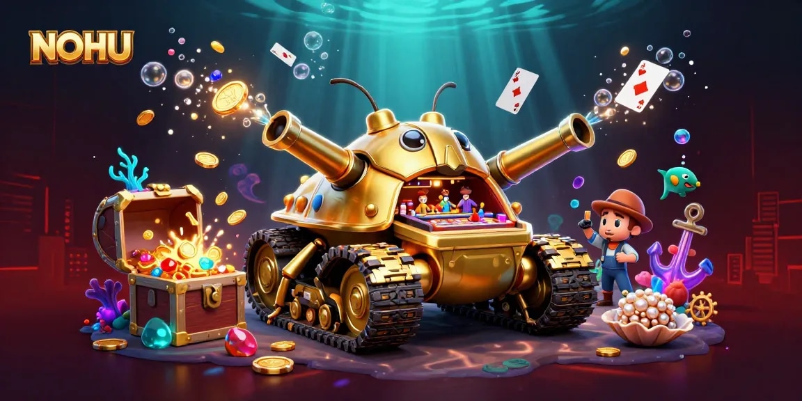 Experience the thrill of NOHU with a vibrant 3D casino scene featuring a massive golden beetle tank.
