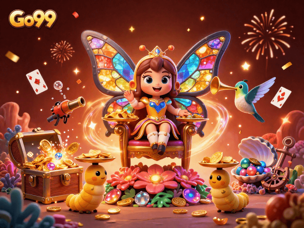 Experience excitement with Go99 as a colorful butterfly queen presides over a vibrant casino scene.