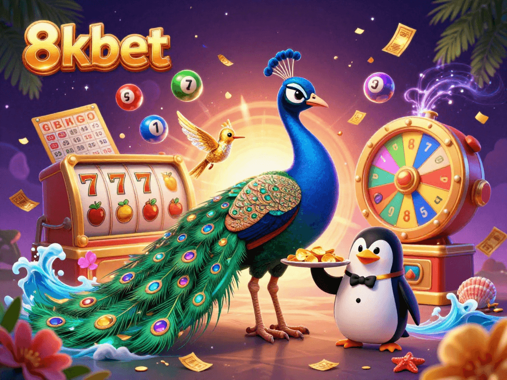 Experience the vibrant thrills of 8kbet with illustrated characters and dynamic gaming elements in a rich casino scene.