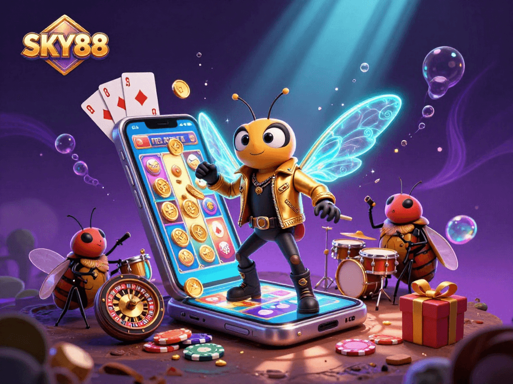 Engage with SKY88's vibrant casino world as rock star cicada leads a dynamic scene filled with slot games, colorful cards, and poker chips.