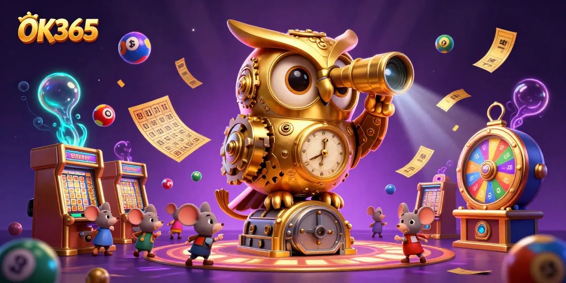 Experience excitement with OK365 in a vibrant 3D casino illustration showcasing colorful lottery games.