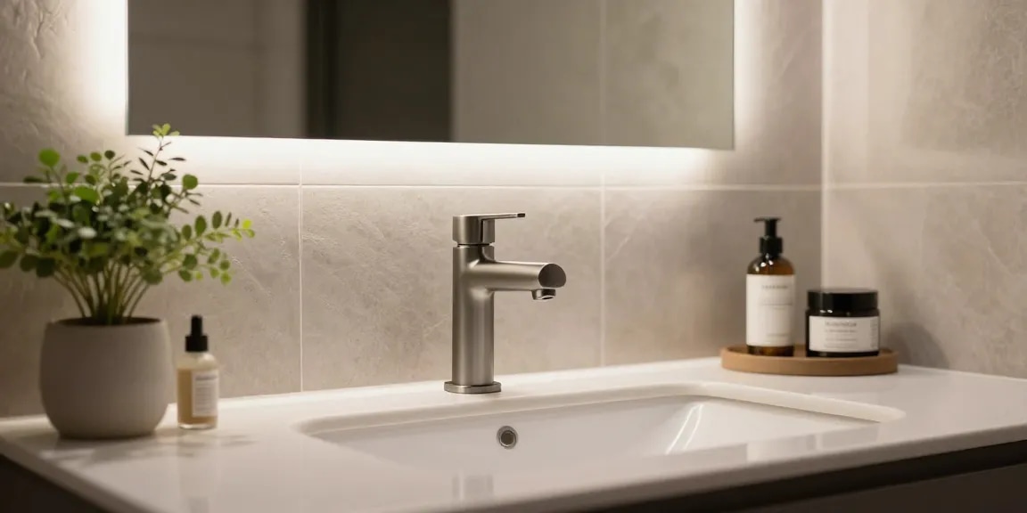 Stijlvolle luxe gunmetal wastafelkraan in moderne badkamer met elegant design en decoratieve planten.