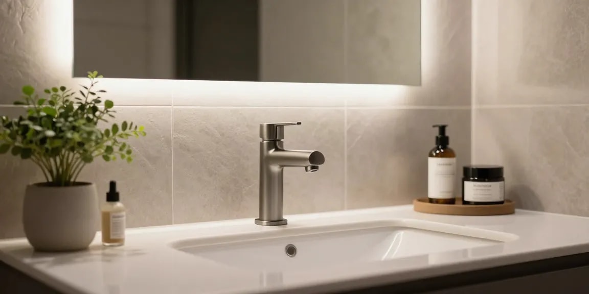 Stijlvolle luxe gunmetal wastafelkraan in moderne badkamer met elegant design en decoratieve planten.