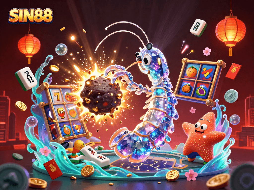 SIN88 showcases a galactic samurai mantis shrimp amidst slots, gems, and festive elements.