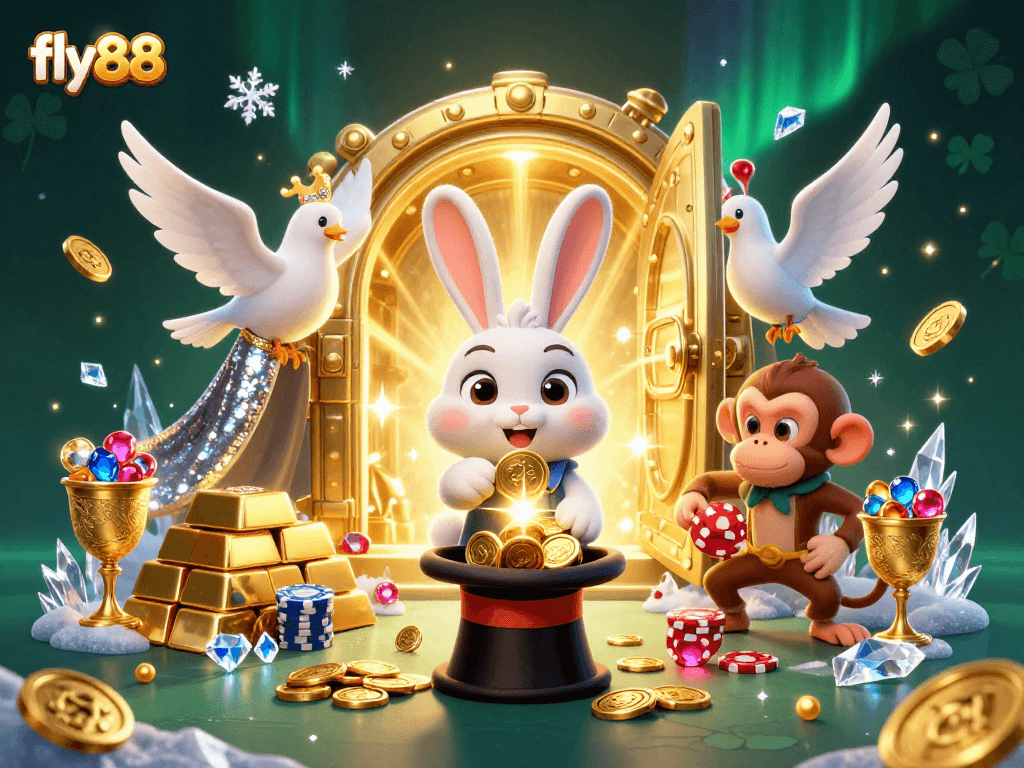 Experience the thrill at fly88, where a magician rabbit conjures coins amidst dazzling casino treasures.