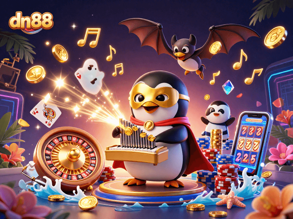 Experience dn88's thrilling gaming with golden coins, roulette, and playful penguins in a vibrant casino scene.