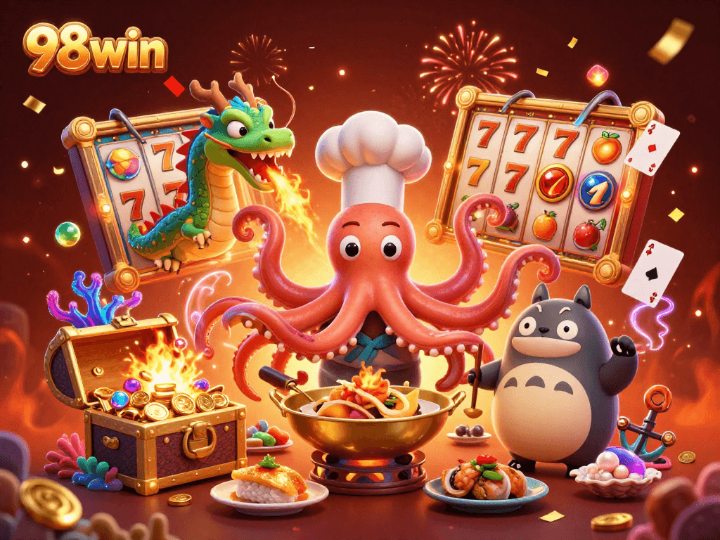 Experience the thrill of 98win with a vibrant casino scene showcasing slot reels, colorful characters, and captivating game elements.