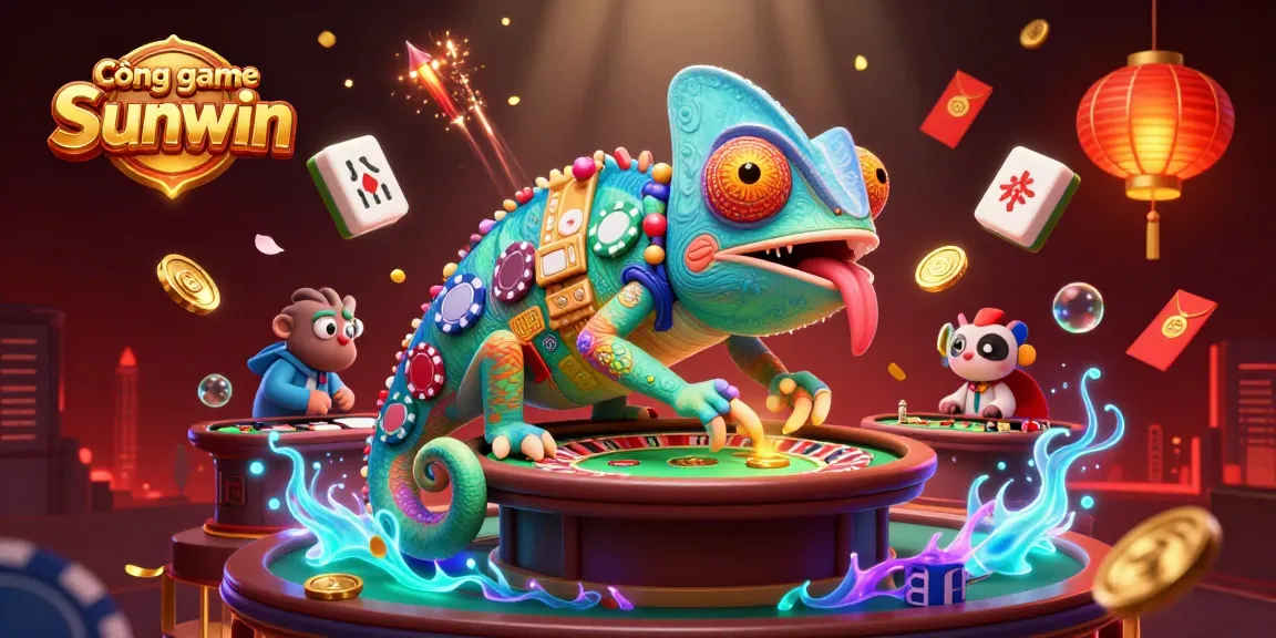 Cổng game Sunwin showcases a vibrant 3D chameleon casino owner amidst festive gaming symbols and glowing lanterns.