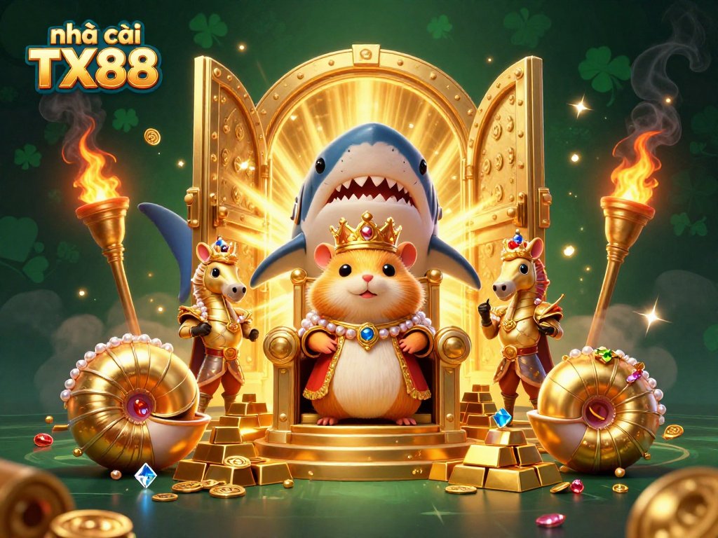 Experience the vibrant action at nhà cái TX88 with a golden hamster king and his royal seahorse guards.