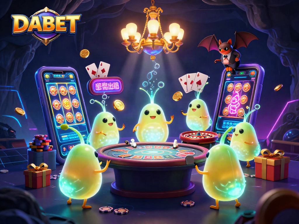 DABET illuminates a vibrant cave casino scene with glowworms and a bat dealer, featuring exciting gaming elements.