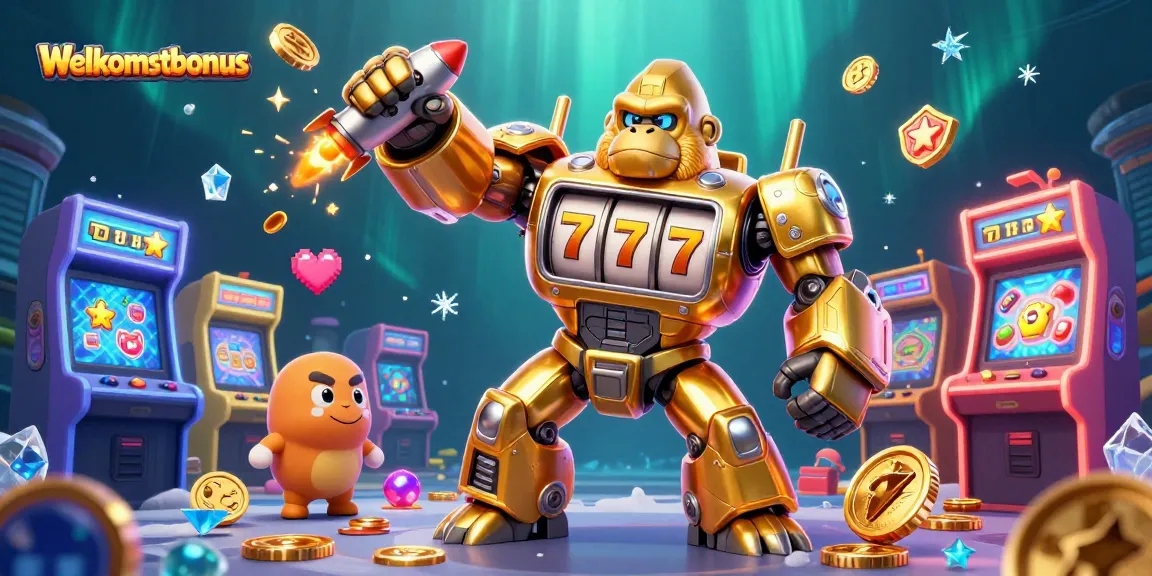 Ontdek de spannende Welkomstbonus met een gouden gorilla mech in een kleurrijke speelhal.
