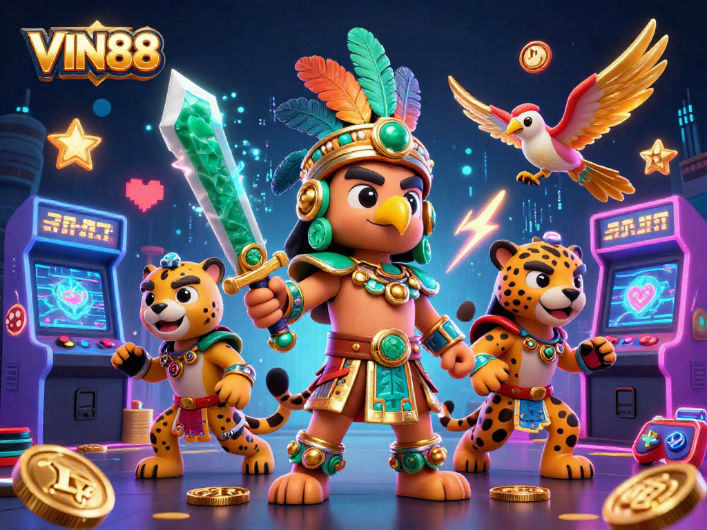 Experience epic gaming excitement at VIN88 with vibrant illustrations of Aztec warriors and arcade elements.