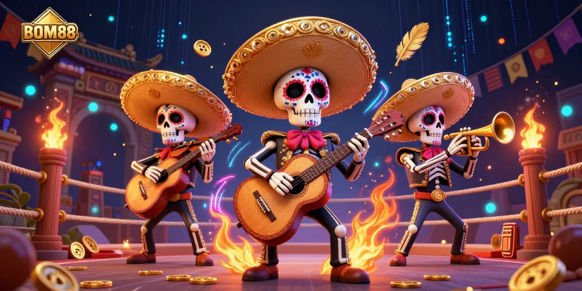 BOM88 offers a vibrant gaming experience with a colorful mariachi band amidst gold coins and dynamic gambling elements.