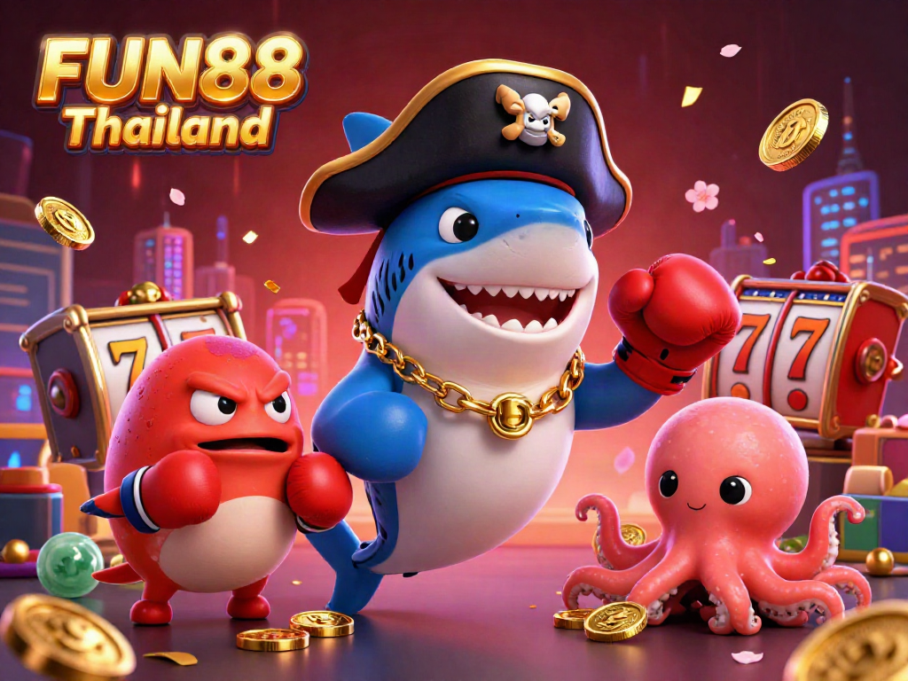 Experience FUN88 Thailand's thrilling slot games with a vibrant, animated scene of characters and festive elements.