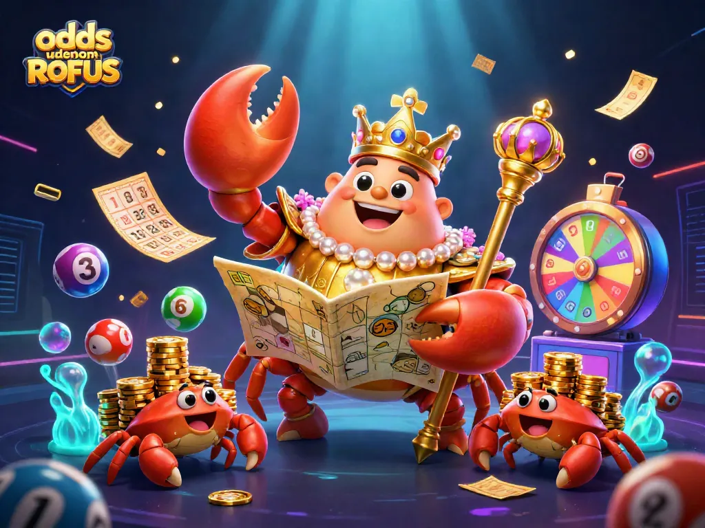 Engage with odds uden om ROFUS in this vibrant 3D scene showcasing a crab emperor and gaming elements.