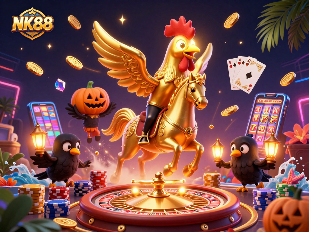 Experience the thrill of NK88 gaming with a vibrant 3D casino scene featuring action-packed elements.