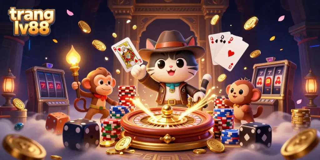 Experience excitement and thrill with the rich design of trang lv88 casino, featuring dynamic characters and casino elements.